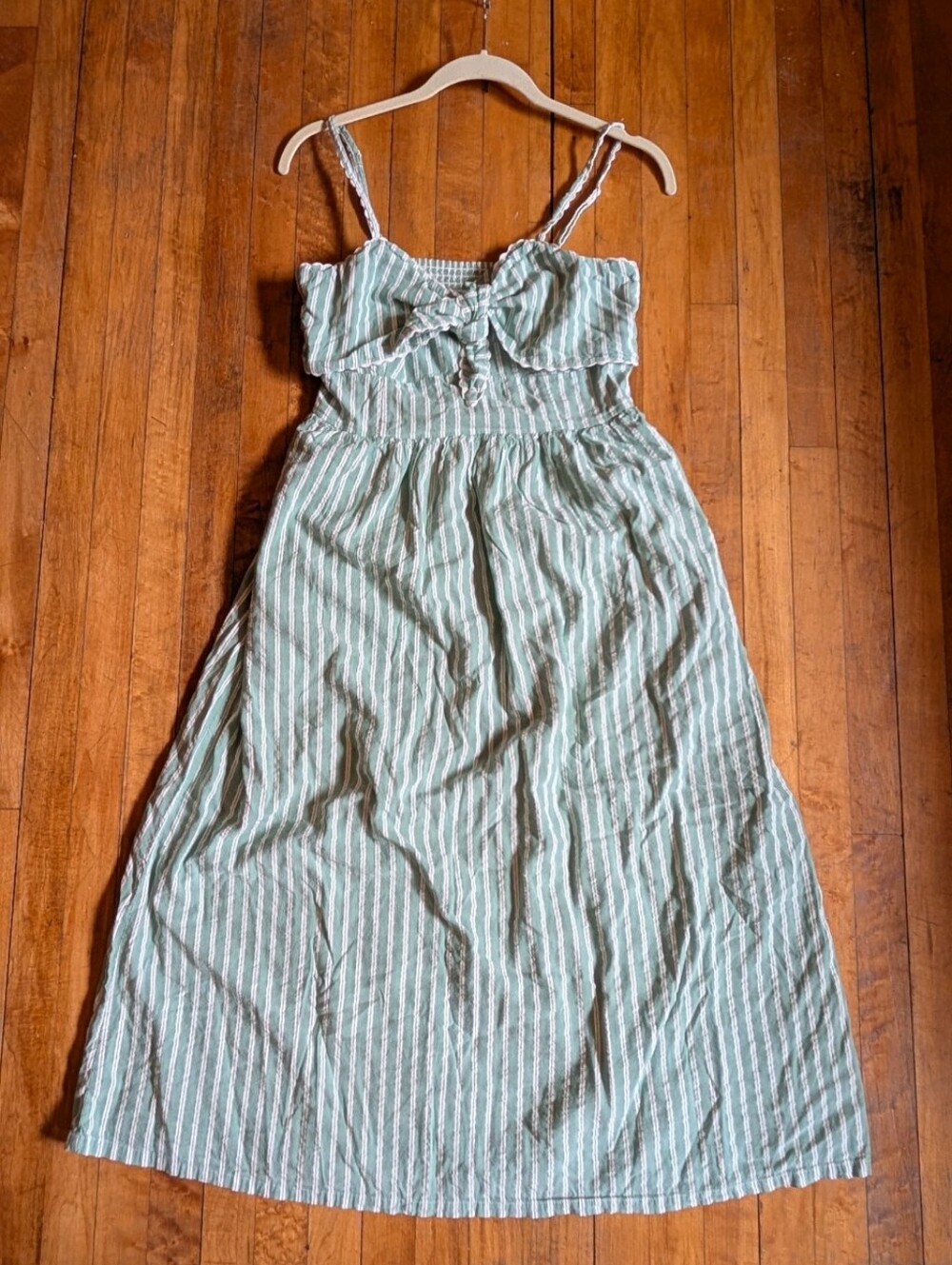 Old Navy Mint Green Striped Tie-Front Midi Dress Sweetheart Cotton Pockets M